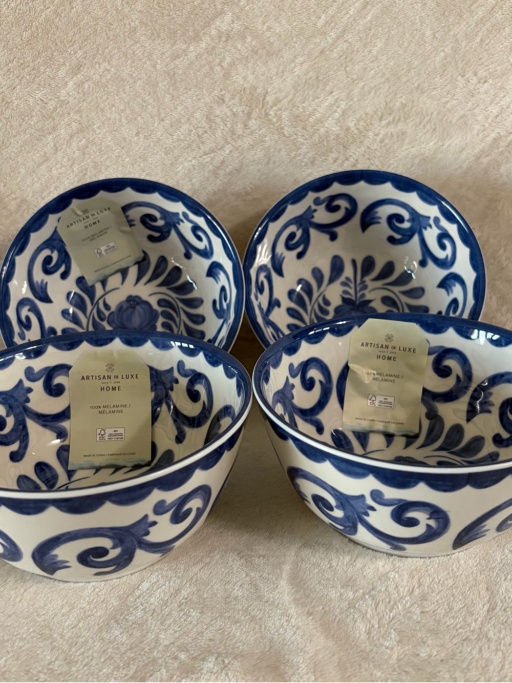 NWT Artisan de Luxe Home Blue Rose Scroll Melamine Bowls Set of 4 - Picture 3 of 7